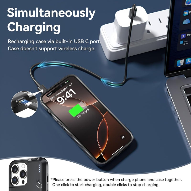 Newdery Upgraded Battery Case for iPhone 16 Pro Max, 8000mAh USB-C Portable Power Bank, CarPlay, Sync Data Supported, Rechargeable Charger Case Compatible with iPhone 16 Pro Max 6.9", Black - Image 4